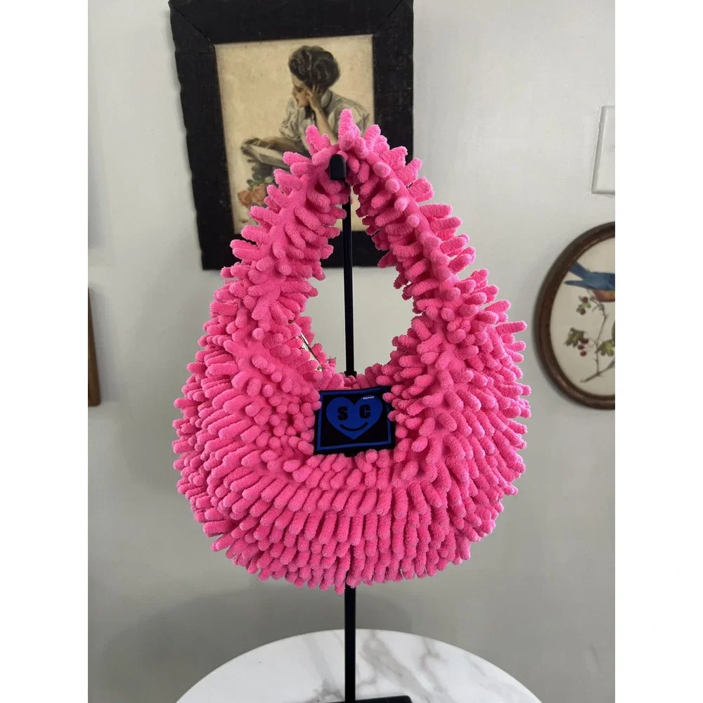 SCULPTURE Pink Chenille Shag Hobo Shoulder Bag Green Beads Y2K Style 91E